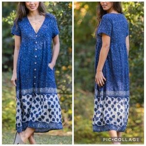 Natural Life Avery Blue Printed Button Front Midi Dress NWOT Size Extra Small